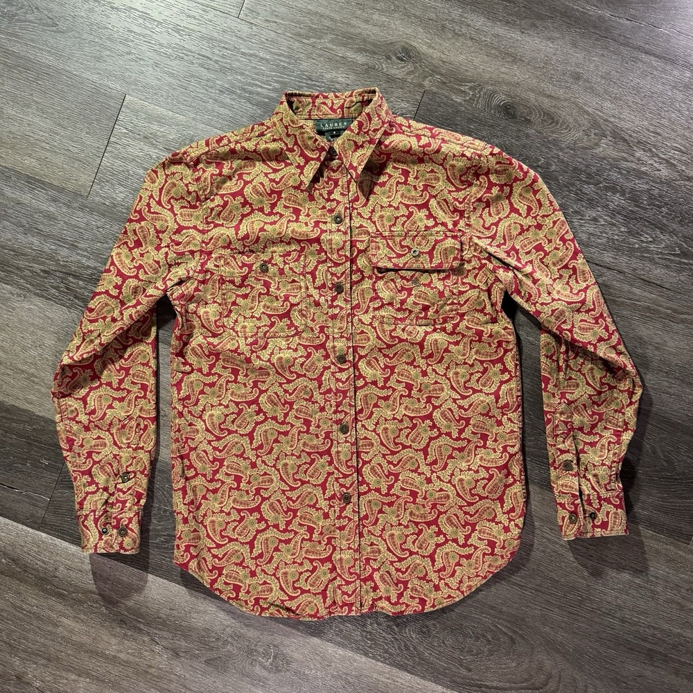 Vintage Lauren Ralph Lauren Shirt Womens S Red Paisley Button Up Long Sleeve Top